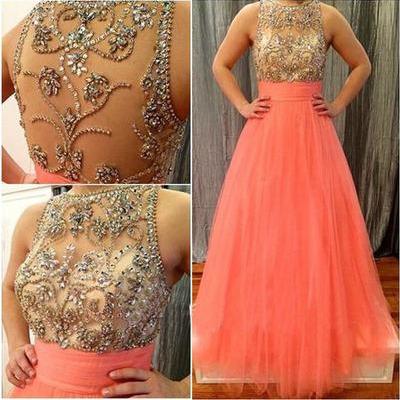 Long Prom Dress, See Through Prom Dress, Coral..