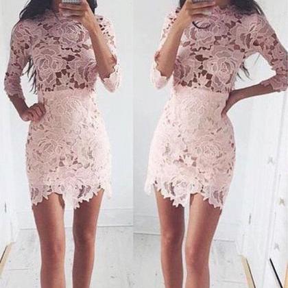 Mini Lace Long Sleeve Homecoming Dress With High..