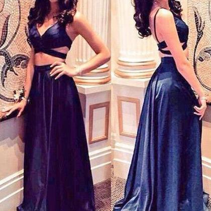 Attractive Two Piece Red Square Neck Spaghetti Strap Back Blue Floral Satin Prom Dress LBQ0017 main image 1