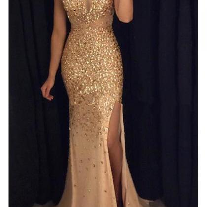 Front Split Gold Prom Dresses With Straps,sexy..
