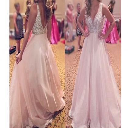 Long Custom Prom Dress,v-neck Beading A-line Prom..