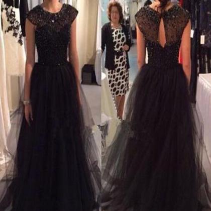 O-neck Beading Tulle Prom Dresses,long Prom..