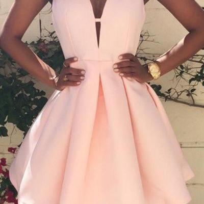 Pink Short Homecoming Dress with Plunge V Sleeveless Bodice and Pleated Skirt - Evening, Party Dress 