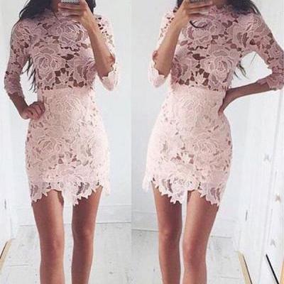 Mini Lace Long Sleeve Homecoming Dress with High Neck 