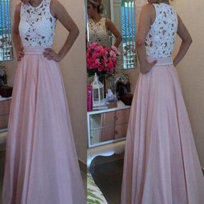 New Arrival prom dress, Fashion A-line Scoop Long Pink Chiffon Prom Dress with White Lace Top,Elegant prom dress, Affordable prom dress, Prom dress online. PD078