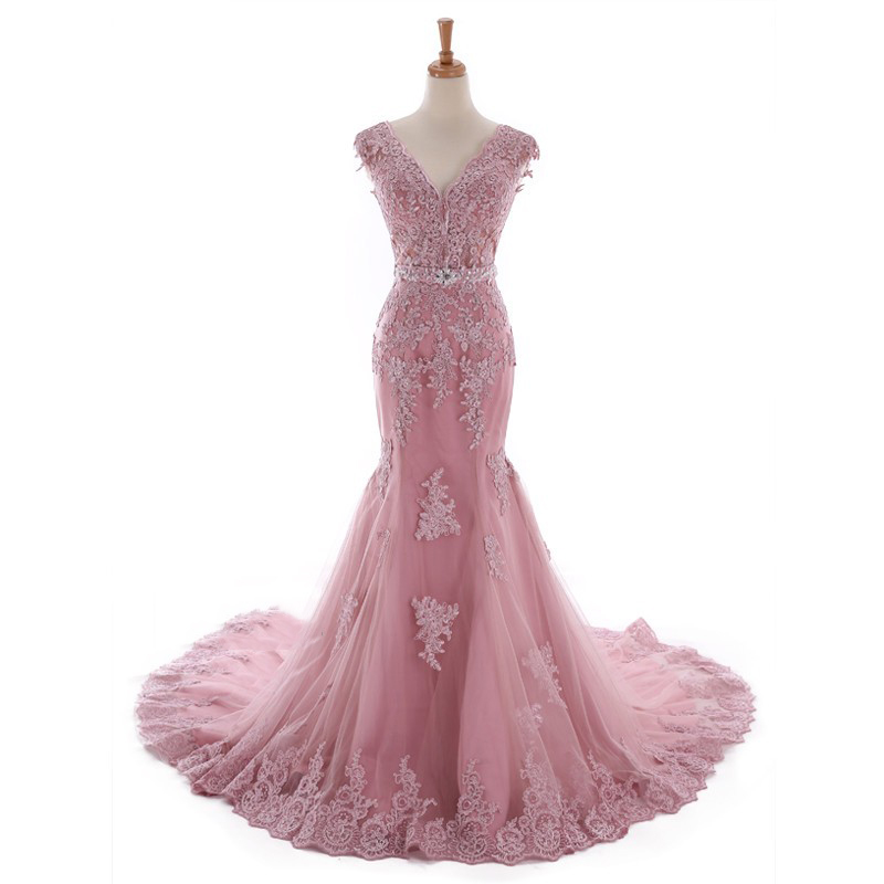 Lace Prom Dress,dusty Rose Prom Dress, Mermaid Prom Dress,charming Prom Dress,v-neck Prom Dress, Pretty Lace Up Back Dress,prom Dress,pd1707