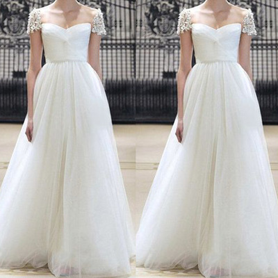 Long Bridesmaid Dress, White Bridesmaid Dresses, Cap-sleeve Bridesmaid Dress, Elegant Bridesmaid Dress, Pd0028