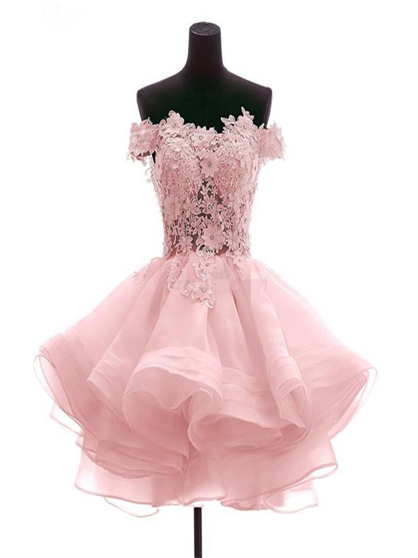 Custom Made Pink Sleeveless Off-shoulder Lace And Tulle Short Evening Dress, Formal Dress, Weddings, Homecoming Dress