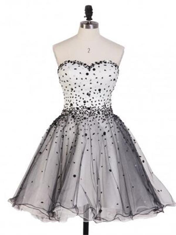 Short Strapless Sweetheart Homecoming Dress With Tulle Skirt And Beaded Detailing