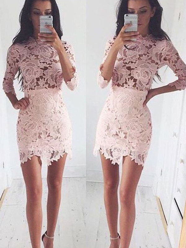 Mini Lace Long Sleeve Homecoming Dress With High Neck