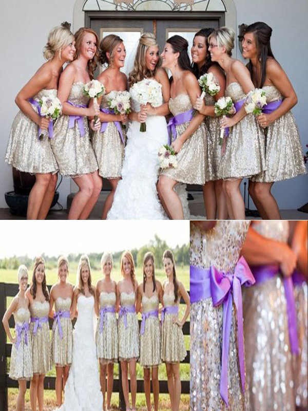Short Bridesmaid Dress,shinning Sliver Sequined Bridesmaid Dress, Sweetheart Bridesmaid Dress With Purple Sash, Sparkly Bridesmaid