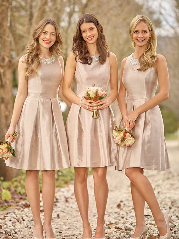 Champagne Fit-and-flare Short Bridesmaid Dress With Pearl Neckline