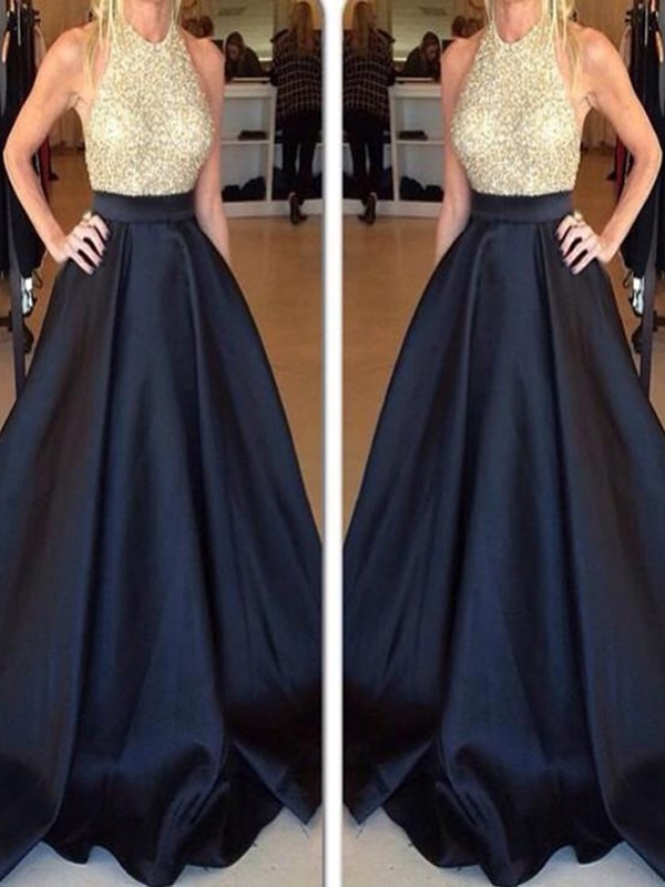 Long Custom Prom Dress, Dresses,sample Prom Dresses,crew Neck Evening Dresses,gold Sequins Black Satin Evening Party Gowns, Backless Prom
