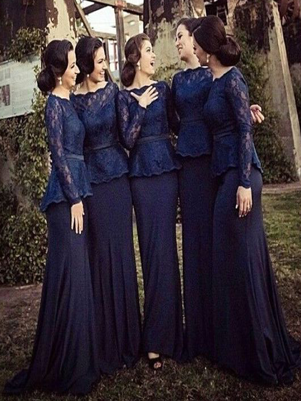 long sleeve navy blue bridesmaid dresses