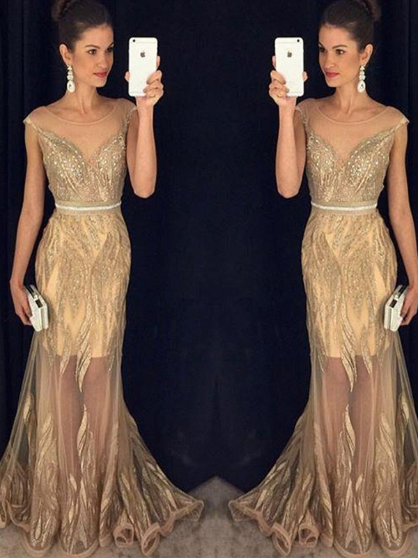 Long Gold Prom Dress, Modest Prom Dresses,sexy Prom Dress,sleeveless Beading Sexy Mermaid Sweep Train Scoop Prom Dresses, See Through Prom