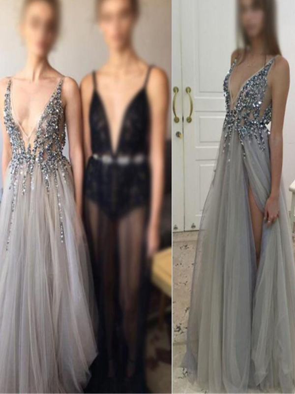 Long Custom Prom Dress Grey Prom Dress Sparkly Sexy Prom Dress Prom Dress With Side Slit 1111