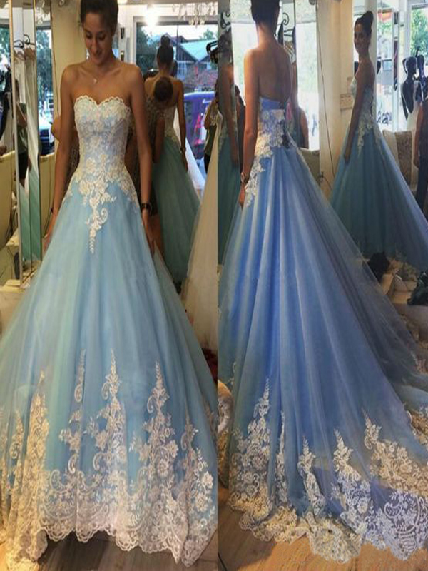 Long Custom Prom Dress, Light Blue Prom Dress ,sweetheart Prom Dress,prom Ball Gowns With Chapel Train,appliques Lace Prom Dress,ball Gown