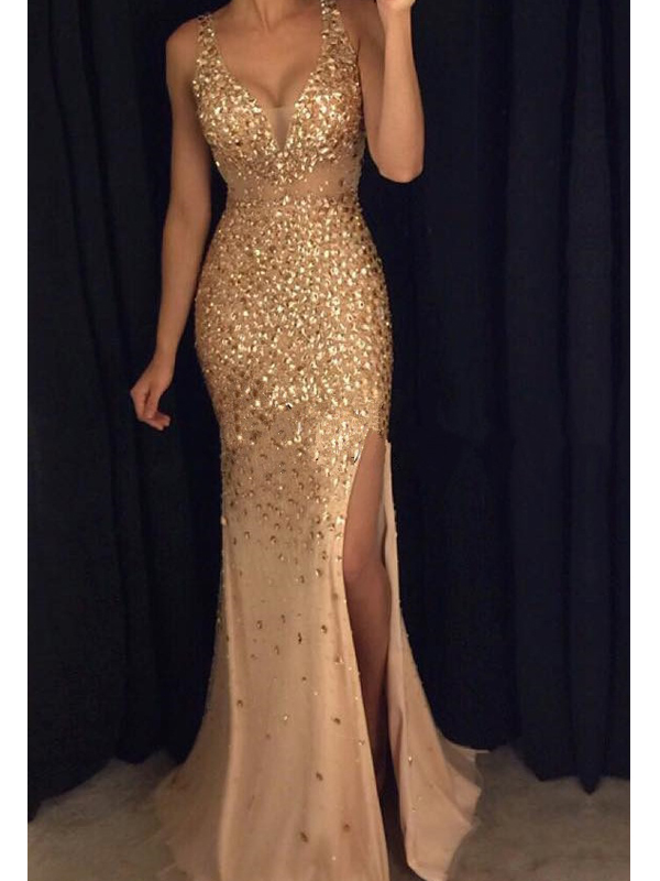 Front Split Gold Prom Dresses With Straps,sexy V-neck Prom Gowns,long Prom Dress For Teens,sparkly Modest Evening Dresses,party Dresses .pd01271
