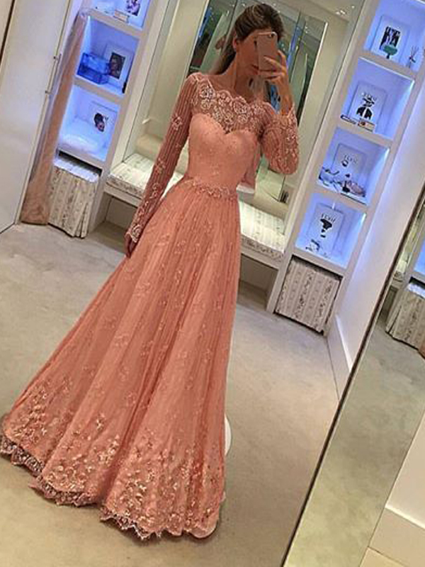 Coral Pink Prom Dress, Long Prom Dresses, Prom Dress With Long Sleeves