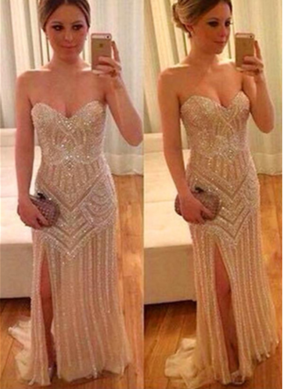 Long Custom Prom Dress,pretty Sequin Shiny Prom Dresses,sparkly Prom Gowns,sweetheart Beading Prom Dresses,modest Evening Gowns,front Split Prom