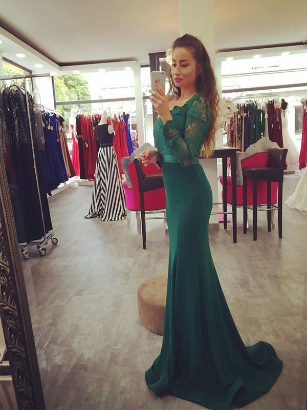Dark Green Off The Shoulder Mermaid Prom Gown, Sexy V Neck Prom Dress, Elegant Evening Gown, Long Sleeve Formal Evening Dress, Prom Dress For