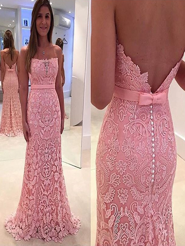 Peach Pink Prom Dresses, Lace Prom Dress, Strapless Prom Dress, Open Back Prom Dress, Formal Dress, Prom Dress For Vintage Prom Dresses.