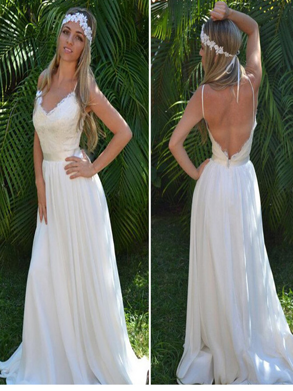 Sexy Spaghetti Straps Lace Beach Wedding Dresses