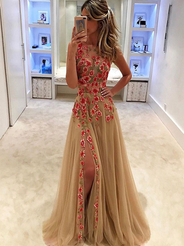 Sexy Prom Dress, High Slit Prom Dress,sexy Prom Dresses,long Prom Dress With Flower,tulle Evening Dress,prom Dresses 2017,prom Dress Ball