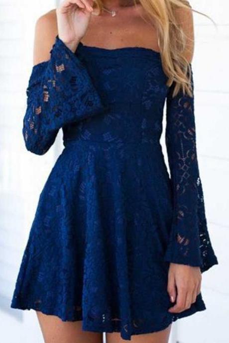 Navy Blue Off-the-shoulder Full Laced Dress With Bell Sleeves