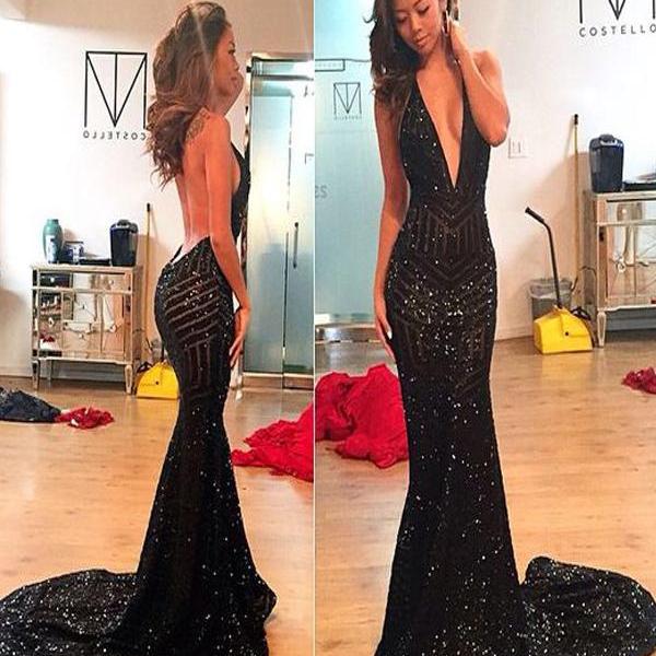 Sexy Deep V Neck Prom Dress ,backless Prom Dress ,black Sequins Prom ...