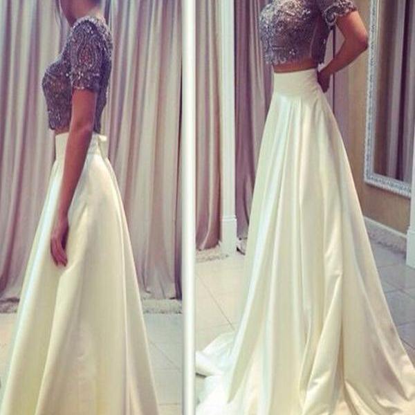Long Custom Prom Dress, Two Piece Prom Dress, Rhinestones Prom Dress
