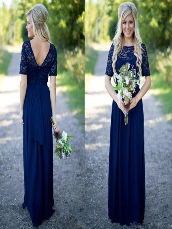 Long Bridesmaid Dress,navy Blue Bridesmaid Dress,half Sleeve Bridesmaid ...